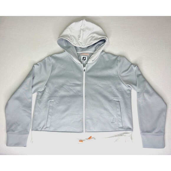 Women's FootJoy Full Zip Jersey Cropped Fleece Woven Trim Hoodie - Gray/White L - Picture 1 of 16